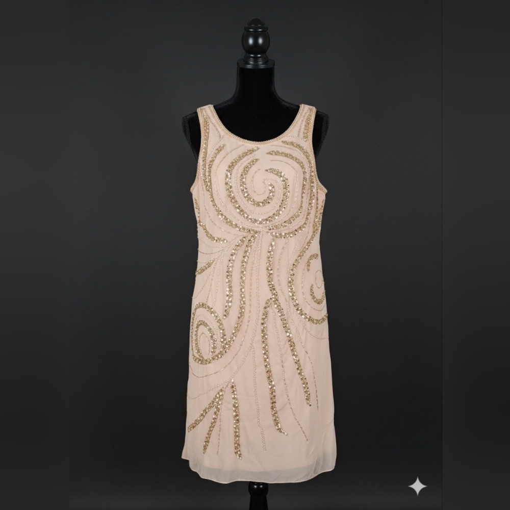 Embellished Sleeveless Shift Dress in Blush with Gold Accents
